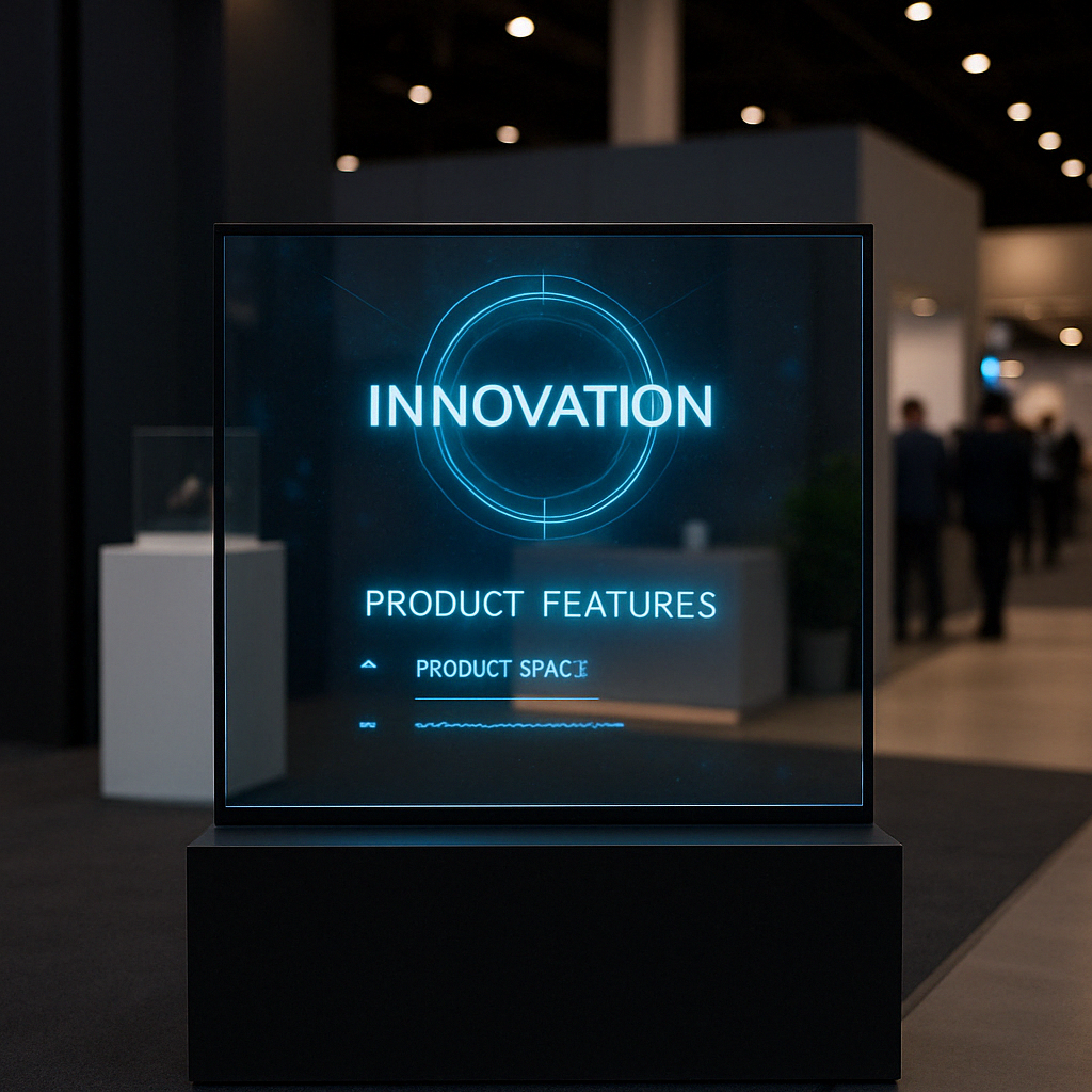 Transparent OLED trade show display floating over a product on a centered pedestal with glowing visual content.