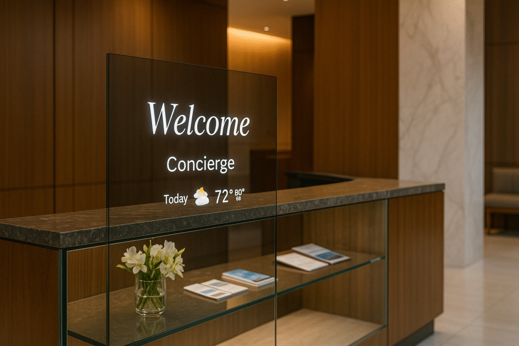 Transparent OLED integrated into a hotel reception desk